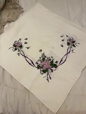 Vintage Linen Square Tablecloth W Violets Embroidered In Bunches • $15.95