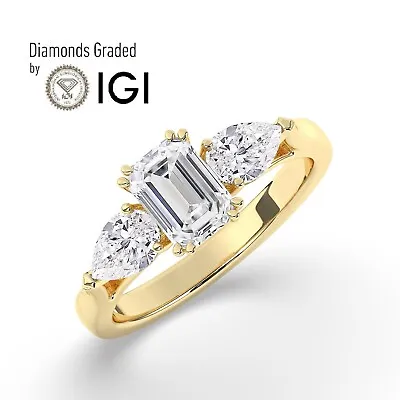 Emerald Solitaire 18K Yellow Gold Trilogy Ring 2 Ct F/VS1 Lab-grown IGI • £1716