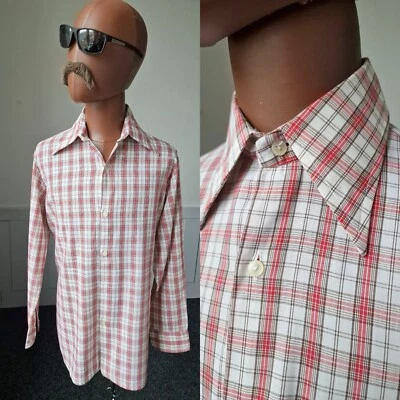 Vintage Dagger Collar SHIRT -Medium- Checked PolyCotton 1970s Mod Disco BH14 • £16