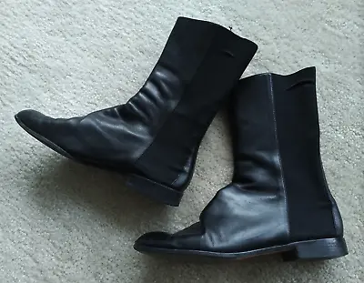 Manolo Blahnik Boots RARE Low Heels Black Leather W/stretch Insert Panels 37.5 • $111.99