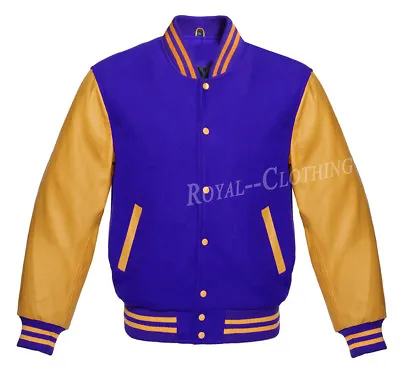 Letterman Varsity Baseball Vintage Jacket Wool And Genuine Gold Leather Sleeves • $89.99