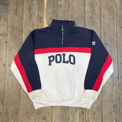 Ralph Lauren Polo Sport Sweatshirt Half-Zip Spellout Sweater Navy White Mens XL • £30