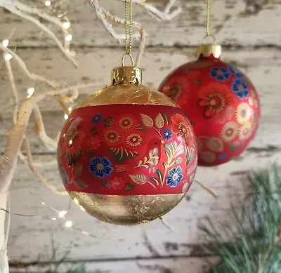 £12.99 • Buy Set Of 2 Red Gold Folk Art Glass Gisela Graham Christmas Baubles 