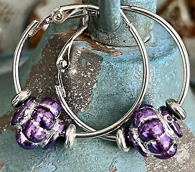 Silver And Purple Vintage Ornament Hoop Earrings. Holidays. Christmas. Festive. • $6.99
