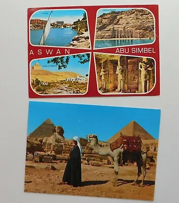 2 Vintage Egyptian Postcards Pretty Stamps Giza Pyramids Sphinx Abu Simbel D • £5.49
