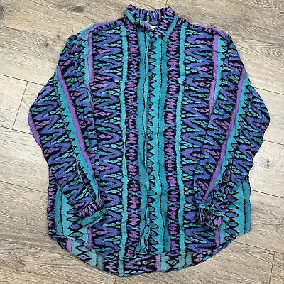 Vintage 70s Hippie Disco Shirt Mens Medium Blue Purple Button Up Rayon Waves • $39.95