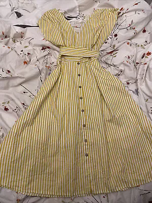 Zaful Vntg Style Fit & Flare Yellow Striped Tassel Back Long Button Down Dress S • $29.99