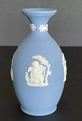 Vintage Wedgwood Jasperware White On Blue Cherub Girl Boy Scenes 5  Bud Vase  • $11.97