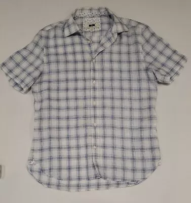 Mens Linen Shirt Plaid Short Sleeve Medium White Blue Office Casual Button-Up  • $20.98