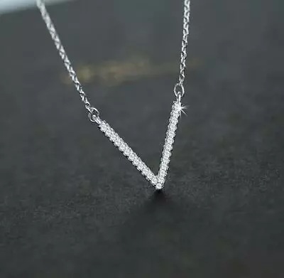 $9.99 • Buy Pave Cubic Zirconia Thin V Shape Silver SP Pendant Chain Choker Necklace