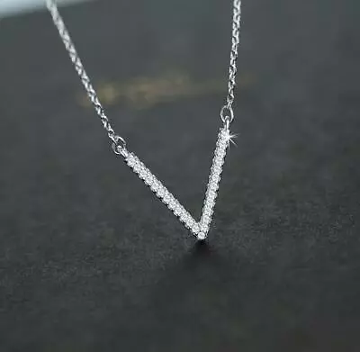 Pave Cubic Zirconia Thin V Shape Silver SP Pendant Chain Choker Necklace • $9.99