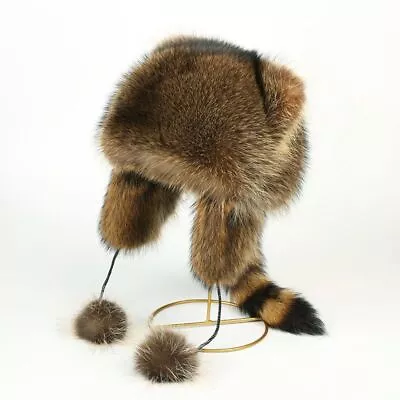 Unisex Men Outdoor Faux Fur Hat Russian Cap Cossack Raccoon Ears Tail Winter Hat • $26.99