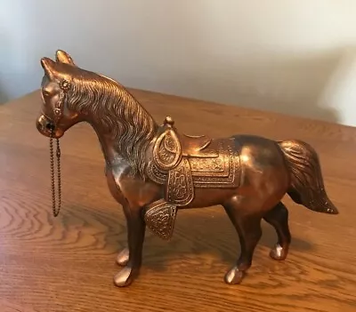 Vintage CAST METAL HORSE & SADDLE FIGURINE Bronze Tone USA 13  X 9  • $10