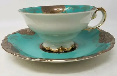 Vintage Alka Kunst Kronach Tea Cup & Saucer 305 - Aqua And Gold • $38