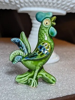 Vintage Ceramic Googly Eyed Green Rooster Figurine 3  Tall • $12.80