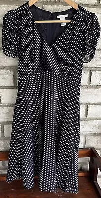 H & M Women’s Size 6 Navy Blue A Line Fit Flair Lined Dress Diamond Polka Dots • $14.99