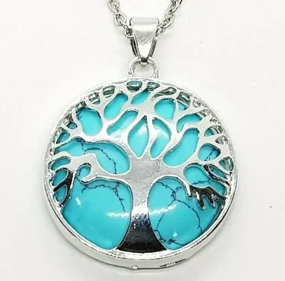 Blue Howlite Necklace Tree Of Life Pendant Blue Turquoise Quartz Crystal Chain • £5.69