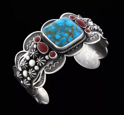 Natural Kingman Turquoise & Mediterranean Coral Bracelet By Roland Dixson • $1340