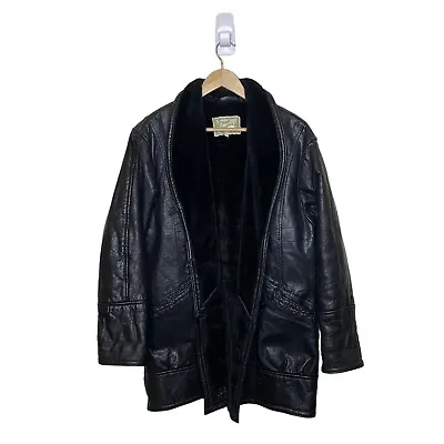 Leather Jacket Faux Fur Lining Black 1980s Vintage Made In England Mens Small • £36