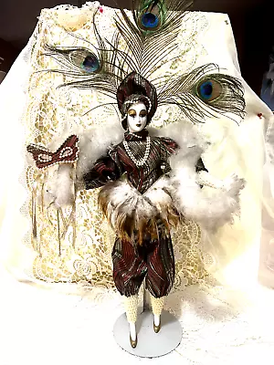 Vintage Mardi Gras Jester Clown Porcelain Doll 22” PearlsPeacock Feather W Mask • $49.99