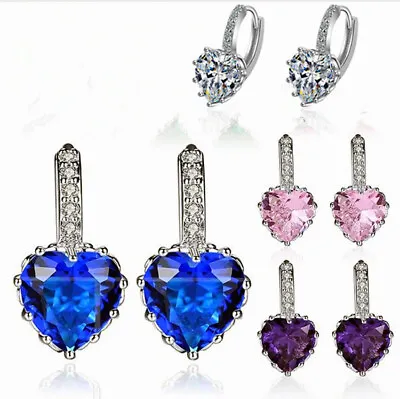 Heart Charm Stone Stud Earrings 925 Sterling Silver Womens Girls Jewellery Gift • £3.79