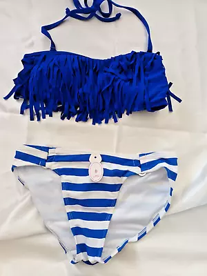 La SENZA/George Blue/White Striped Removable Pads Tasselled Bikini Set UK 8 • £19.99