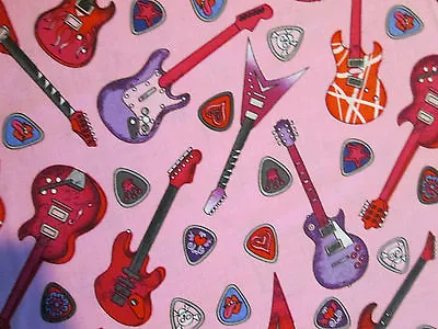 Guitars Rock Music Guitar Picks Pink Background Cotton Fabric Fq Oop • $3.28