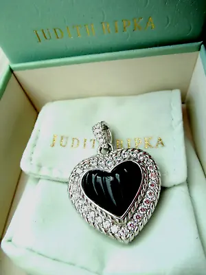 Judith Ripka Sterling Silver Carved Black Onyx Heart Diamonique Pendant Enhancer • $129.71