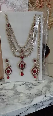 Indian Wedding Party Pink Gold Necklace Earrings Matha Patti  Jewellery Set • $16.39