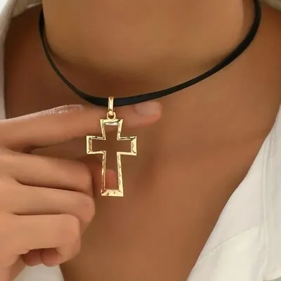 Fashion Black Leather Rope Cross Pendant Necklace 18K Gold Plated Men Women Gift • $9.98