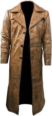 Brown Leather Trench Coat Men's Full Length Leather Duster Coat For Men Long • $105.98