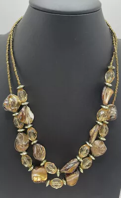 Brown Gold Tone Shell? Beaded Layered Necklace 18  Fashion Jewelry Unmarked • $6.99