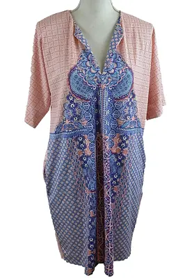 Cabana Life Dress M Orange White Blue Mixed Print Paisley Geometric Short Sleeve • $24.49