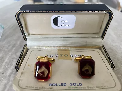 Vintage French Horse Racing Rolled Gold & Red Lucite Cufflinks • £15.99