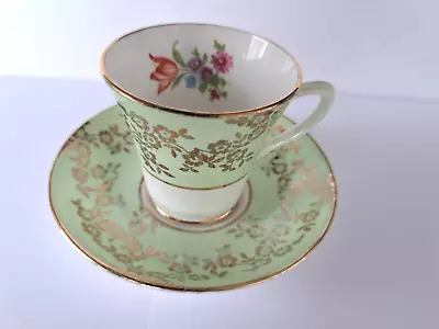 Collingwoods Bone China Small Cup And Saucer.Green Gold Floral. • £4.50