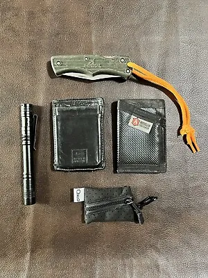 Recycled Firefighter Wallet Leather Magnetic Wallet Knife New Pen Flashlight • $18