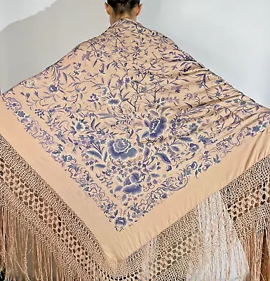 LARGE 1930s Antique Embroidered Silk Piano Shawl Pink Blue Floral  • $1797.88