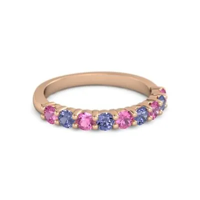 925 Silver Round 2.5MM Pink Tourmaline Tanzanite Eternity Rose Plated Women Ring • £52.94