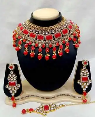 Indian Bridal Fashion Jewelry Wedding Gold Tone Necklace Earring Set • $21.44
