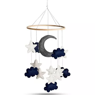 Baby Crib Mobile With Moon Blue Moon Clouds & Stars Nursery Handmade Felt • $18