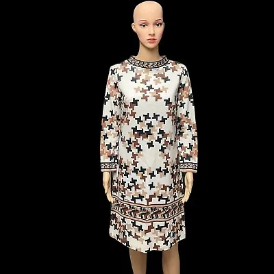 1960s Mr Dino Signed Shift Dress Brown Geometric Border Print Frock Vintage • $87.49