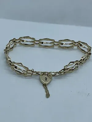 Vintage 9ct Yellow 3 Bar Fancy Link Gate Bracelet With Padlock And Safety Chain • $435.57