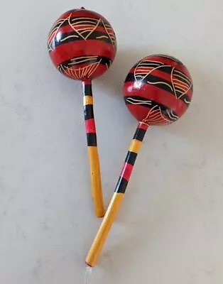 Vintage Pair Haitian Maracas Hand Painted Wood Rumba Shakers Haiti • $24