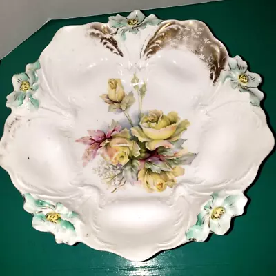 R.S. PRUSSIA Lily Mold Bowl Yellow Roses 10 1/2  • $14.50