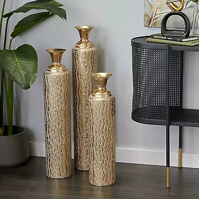 Set Of 3 Gold Metal Floor Vases Tall Narrow Large Textured Glam Accent Decor • $147.60