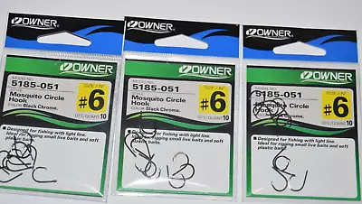 3 Packs Owner Mosquito Circle Hook 5185-051 Size 6 Black Chrome Finish • $12.95