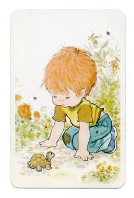 Swap Card - 70s Blank Back - Sarah Kay Boy With Turtle - Mint - Children • $3