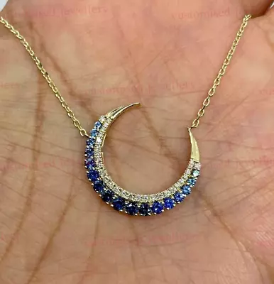 1Ct Round Simulated Diamond Sapphire Crescent Moon Pendant 925Silver Gold Plated • $122