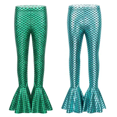 $4.69 • Buy Kids Girls Flared Frill Trousers Shiny Fish Scales Bell Bottoms Mermaid Leggings