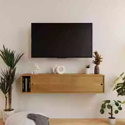 White Oak Floating Media Console Table With Sliding Doors TV Stand • $499